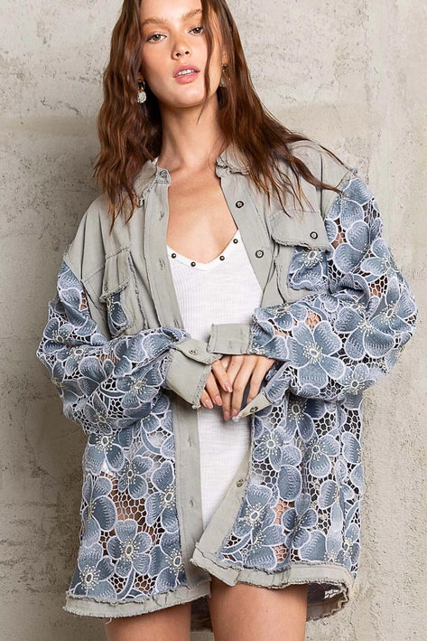 Elliana Oversize Contrast Lace Crochet Floral Button Down Shirt