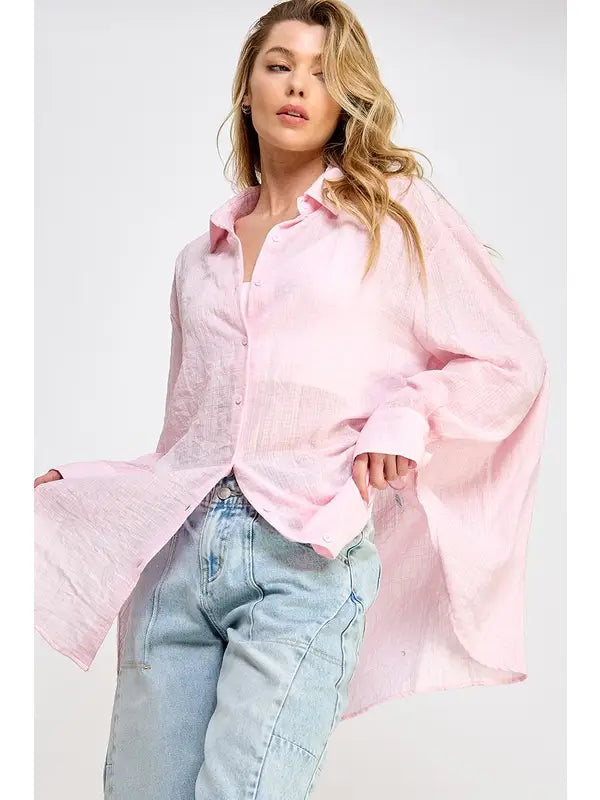Miriam Oversized Button Up Top (Pink)