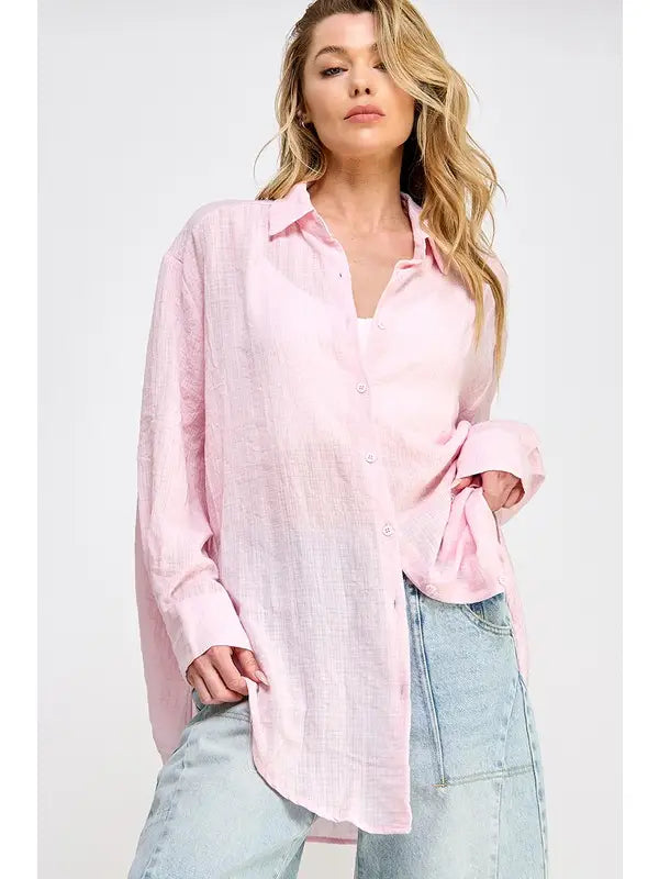 Miriam Oversized Button Up Top (Pink)