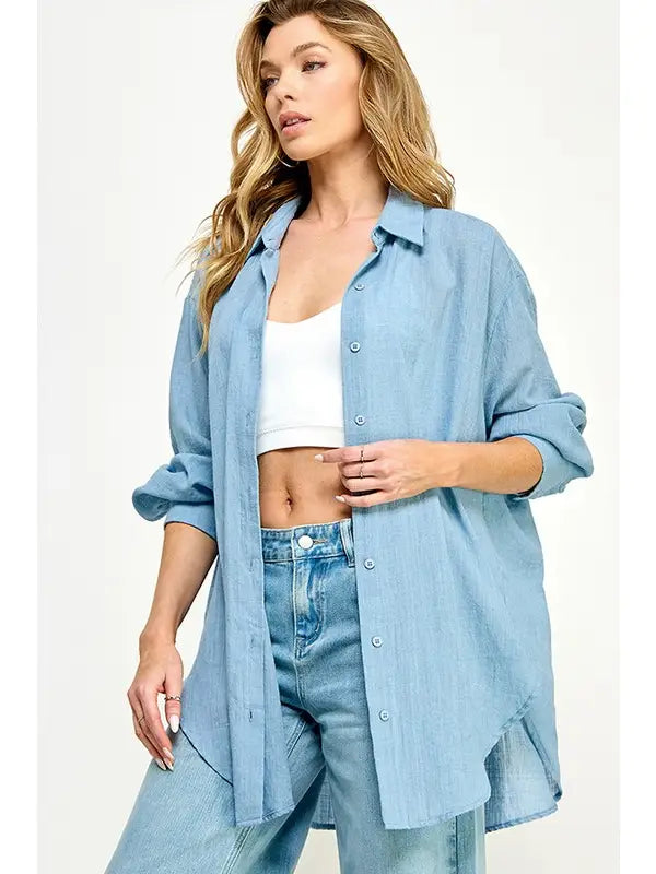 Miriam Oversized Button Up Top (Blue)